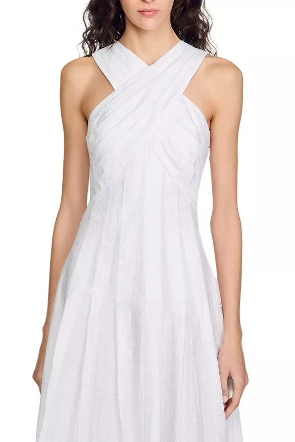 High Crossover V-Neck Pleated Maxi Dress in White Avalabel