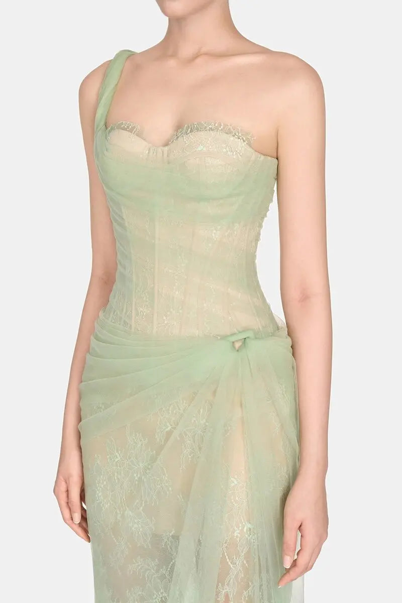 Mandy One-Shoulder Lace Tulle Maxi Dress in Mint Avalabel