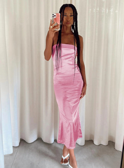 Pink Satin Halter Ruched Midi Dress with Back Bow
