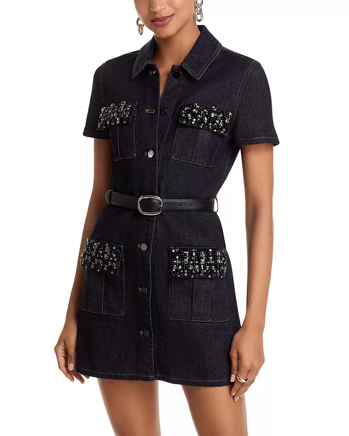 miriam Denim Crystal Trim Mini Dress in black Avalabel