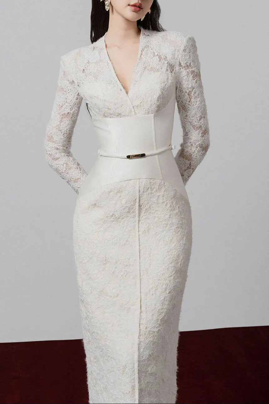 kimberley white v-neck lace patchwork midi dress Avalabel