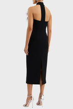 beatrice flower rhinestone feather halter Midi Dress in Black Avalabel