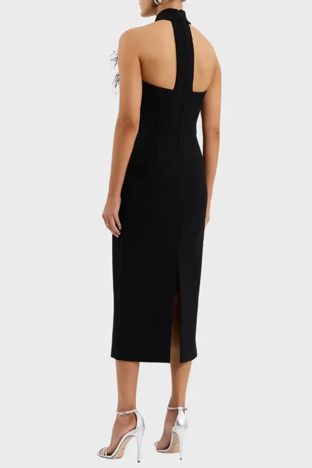 beatrice flower rhinestone feather halter Midi Dress in Black Avalabel