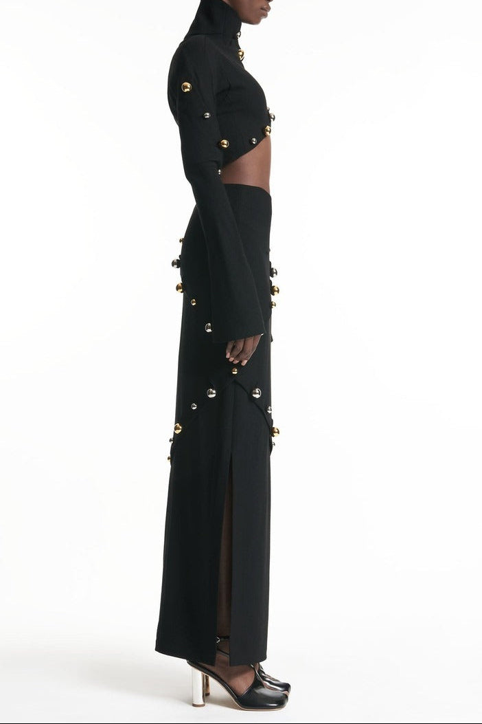 Button-embellished cotton-jersey top maxi skirt suit in black Avalabel