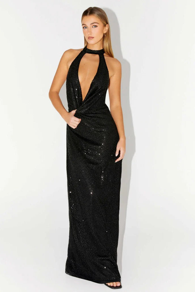 Sequin Cutout Halter Backless Maxi Dress in Black Avalabel