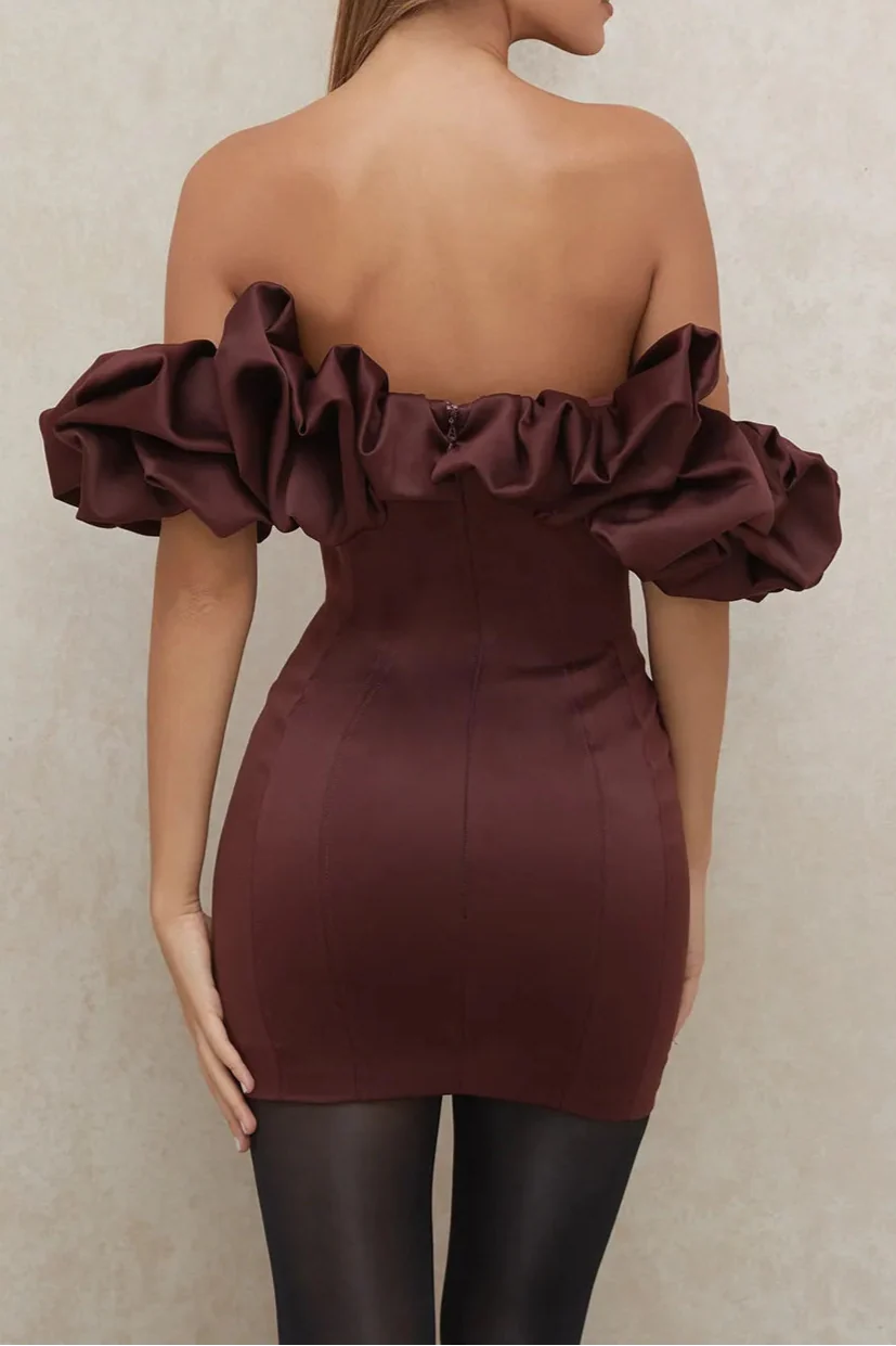 Burgundy Satin Ruffle Strapless Mini Dress Avalabel
