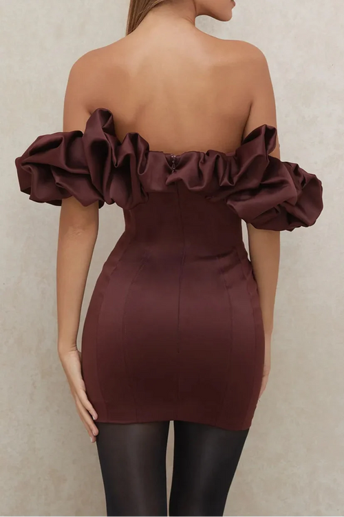 Burgundy Satin Ruffle Strapless Mini Dress Avalabel