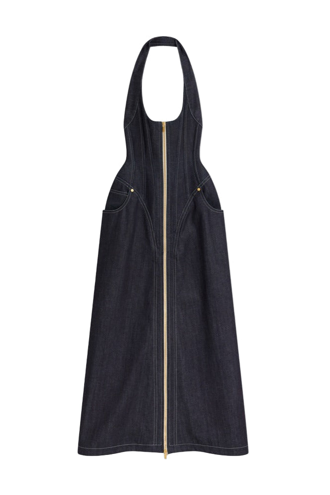 Haltered Corseted Midi Dress Denim in Navy Blue Avalabel