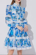 sabrina Lace-paneled printed lantern sleeves mini dress in blue Avalabel