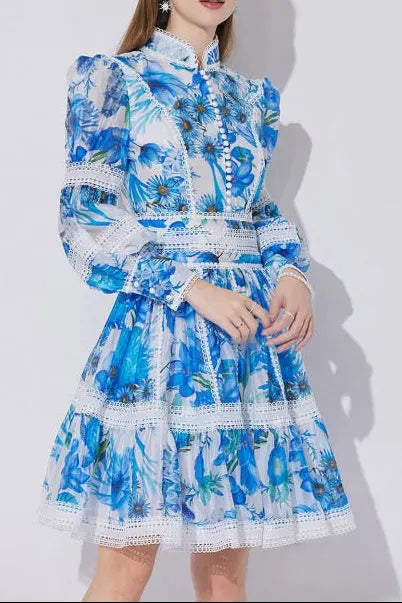 sabrina Lace-paneled printed lantern sleeves mini dress in blue Avalabel