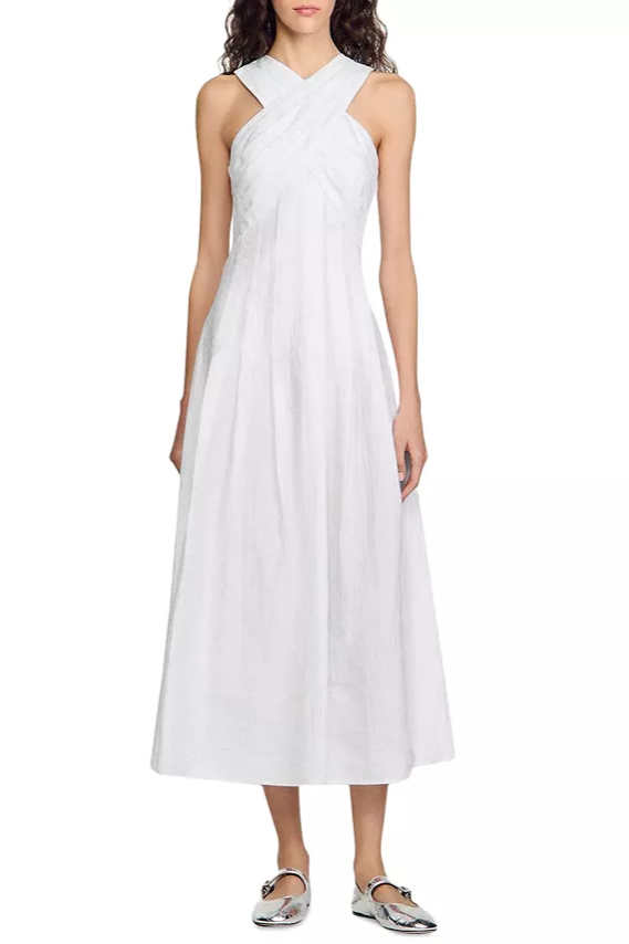 High Crossover V-Neck Pleated Maxi Dress in White Avalabel