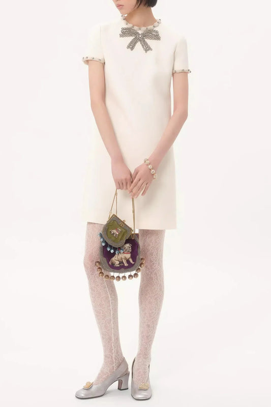 jocelyn rhinestone Embroidered Crepe mini Dress in ivory