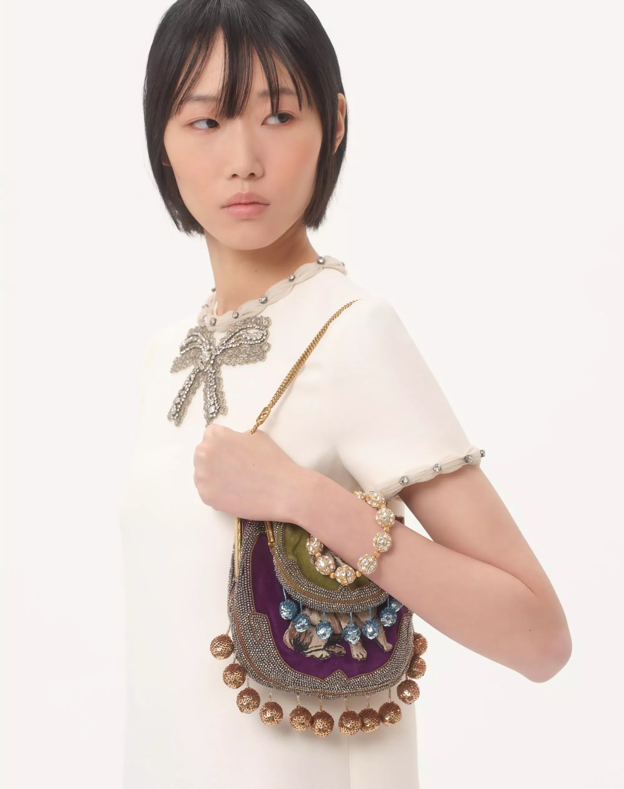 jocelyn rhinestone Embroidered Crepe mini Dress in ivory Avalabel