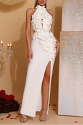 celeste 3d flower halter high slit backless maxi Dress in white Avalabel