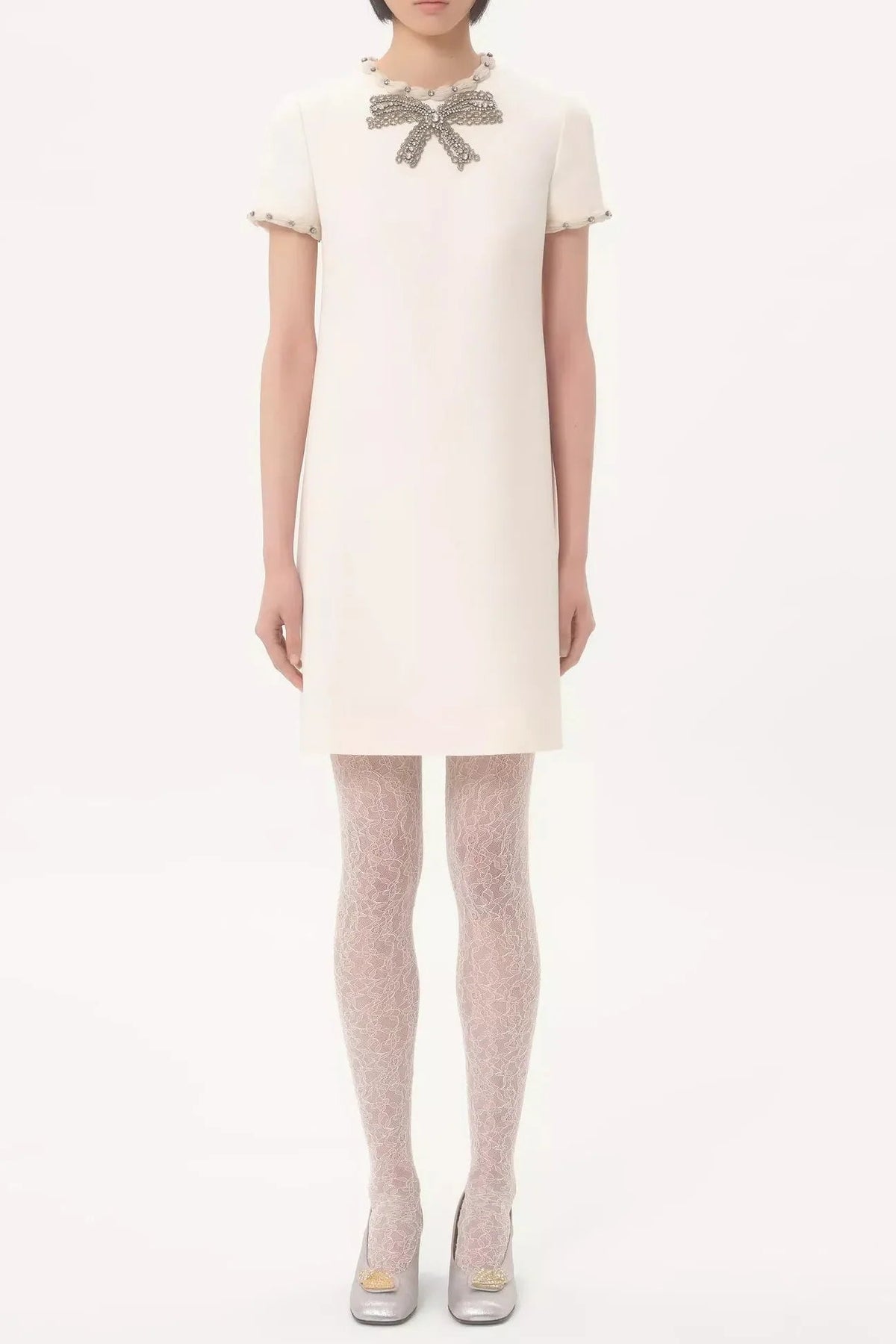 jocelyn rhinestone Embroidered Crepe mini Dress in ivory Avalabel
