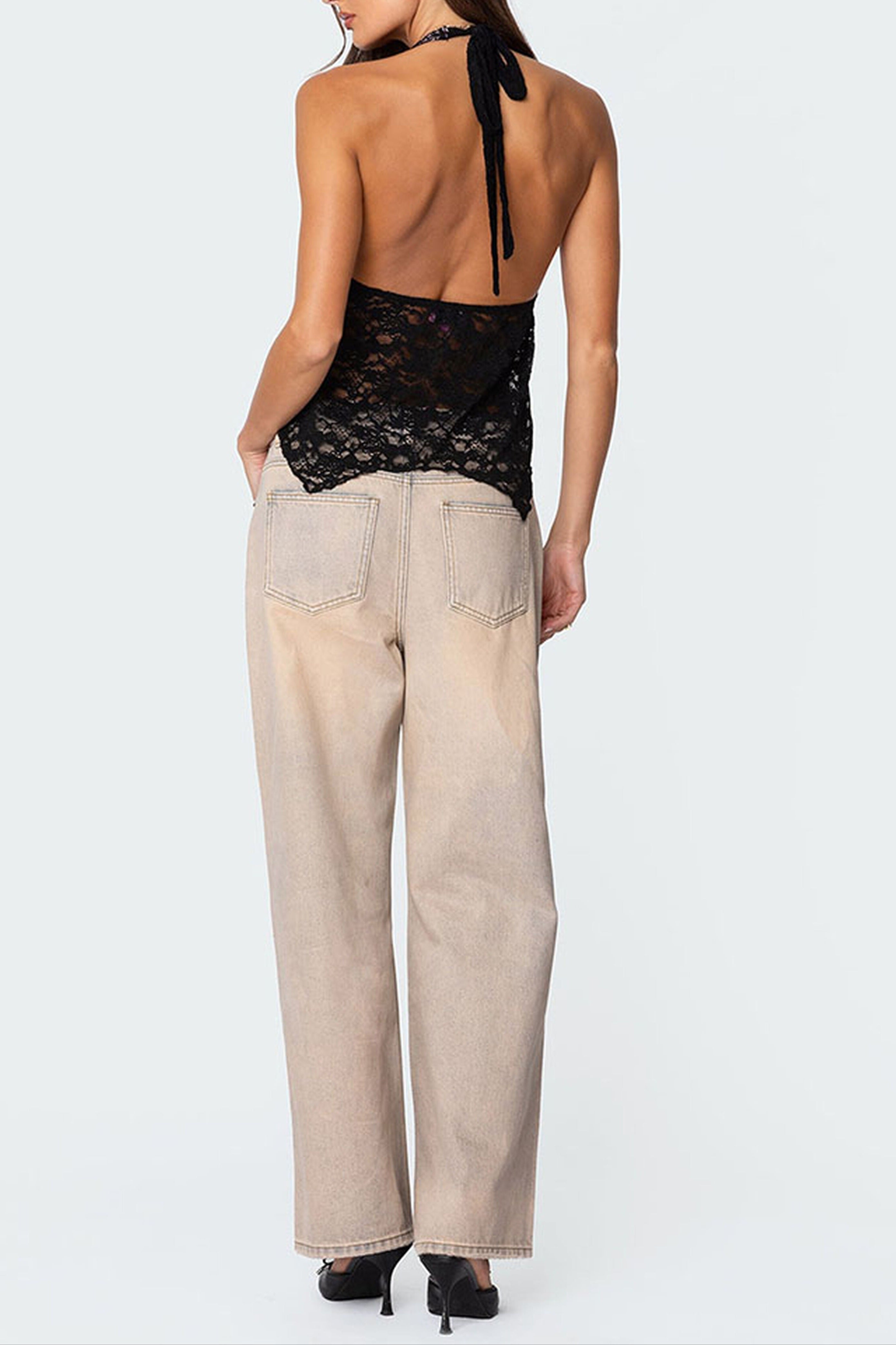 Backless Sheer Lace Halter Top in Black Avalabel