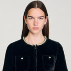 Pearl-trimmed collar zipper velvet pleated dress in black Avalabel