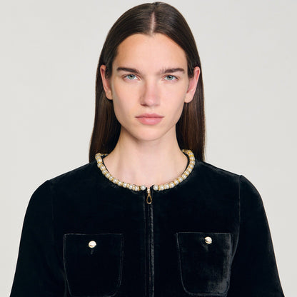 Pearl-trimmed collar zipper velvet pleated dress in black