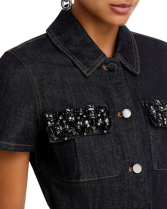 miriam Denim Crystal Trim Mini Dress in black Avalabel