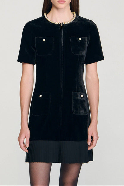 Pearl-trimmed collar zipper velvet pleated dress in black