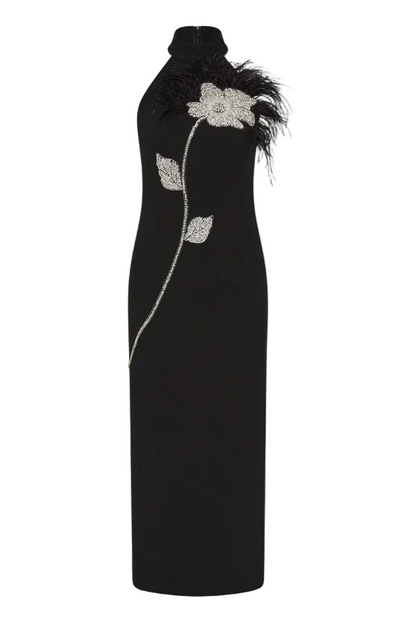 beatrice flower rhinestone feather halter Midi Dress in Black