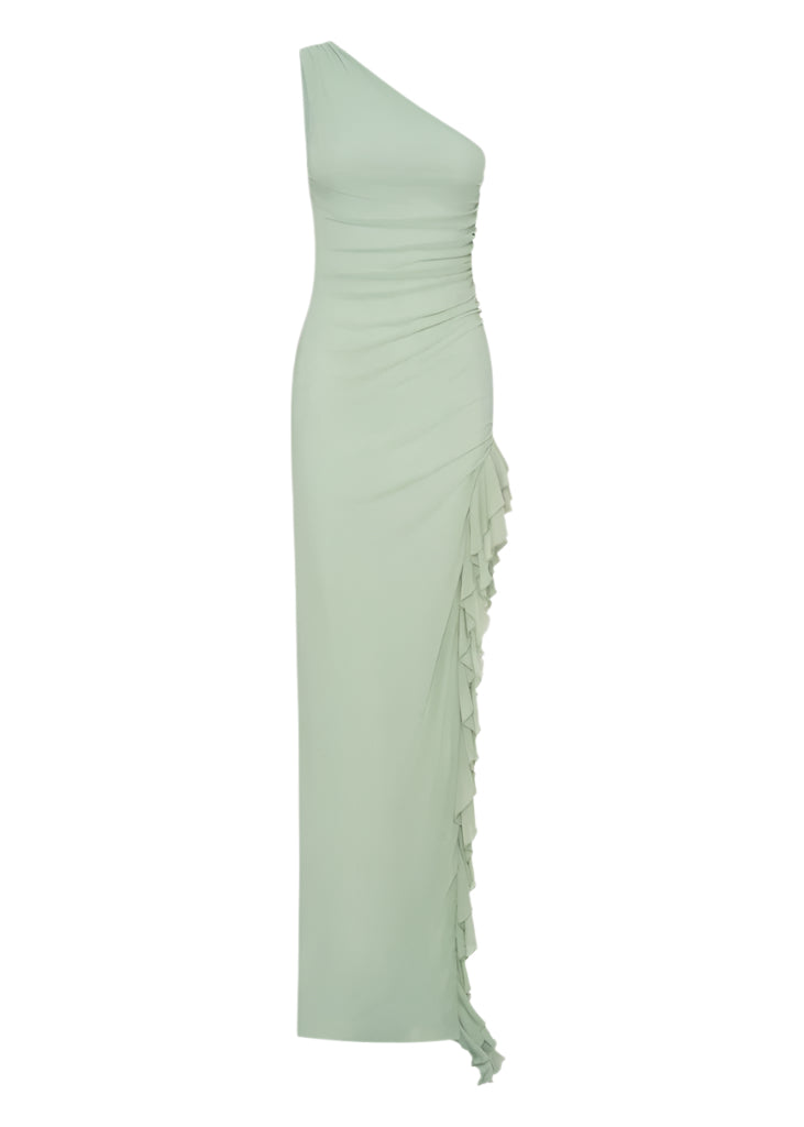 One-Shoulder Slit Ruffle Trim Maxi Dress in Sage Green Avalabel