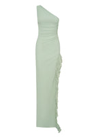 One-Shoulder Slit Ruffle Trim Maxi Dress in Sage Green Avalabel