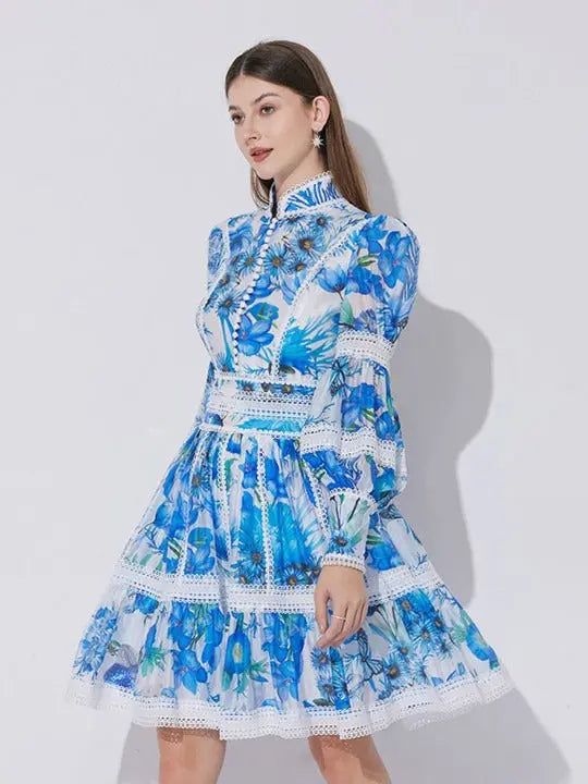 sabrina Lace-paneled printed lantern sleeves mini dress in blue Avalabel
