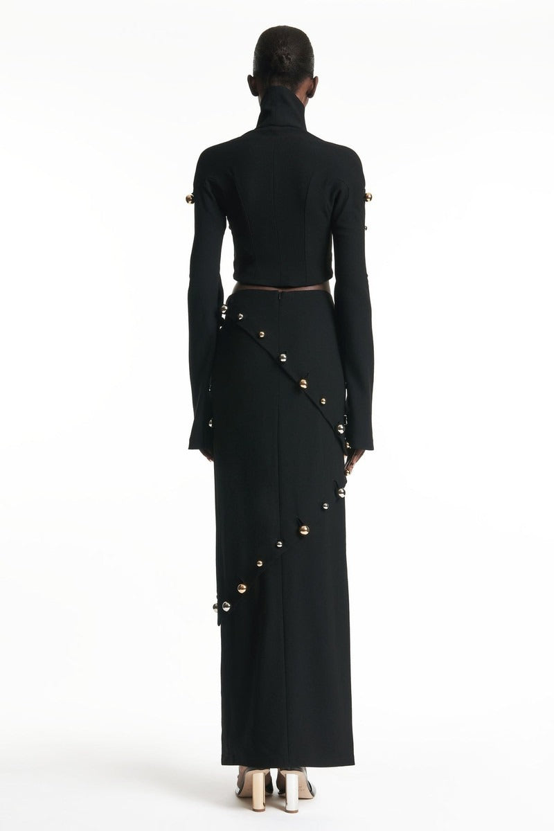 Button-embellished cotton-jersey top maxi skirt suit in black Avalabel