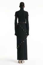 Button-embellished cotton-jersey top maxi skirt suit in black Avalabel