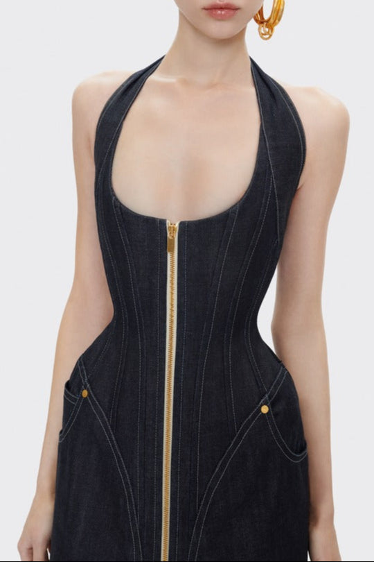 Haltered Corseted Midi Dress Denim in Navy Blue Avalabel