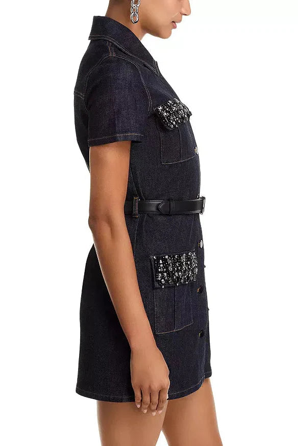 miriam Denim Crystal Trim Mini Dress in black Avalabel