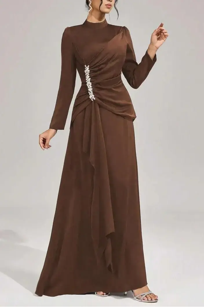 beulah Long sleeves with beading pleated maxi dress in brown Avalabel