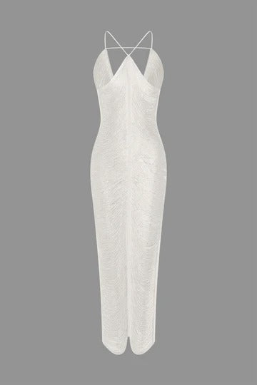 tassel rear slit halterneck dress Avalabel
