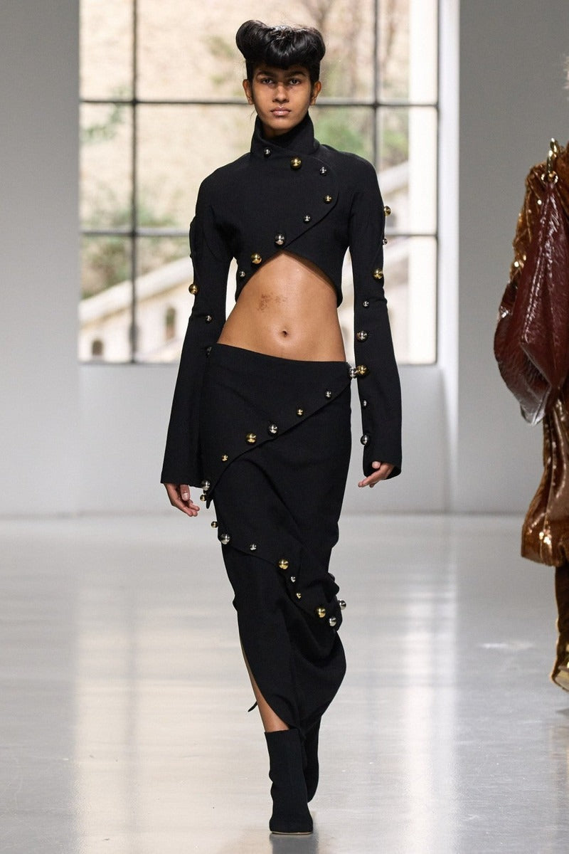 Button-embellished cotton-jersey top maxi skirt suit in black Avalabel