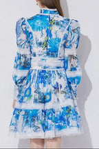 sabrina Lace-paneled printed lantern sleeves mini dress in blue Avalabel