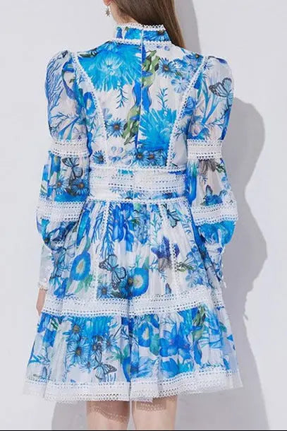 sabrina Lace-paneled printed lantern sleeves mini dress in blue Avalabel