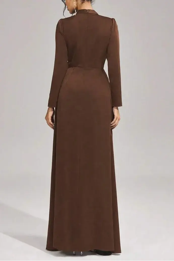 beulah Long sleeves with beading pleated maxi dress in brown Avalabel