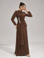 beulah Long sleeves with beading pleated maxi dress in brown Avalabel