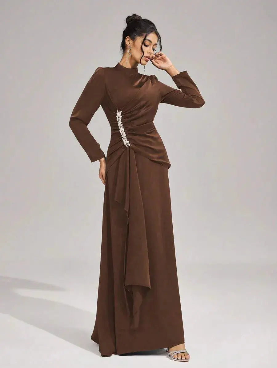 beulah Long sleeves with beading pleated maxi dress in brown Avalabel