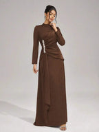 beulah Long sleeves with beading pleated maxi dress in brown Avalabel