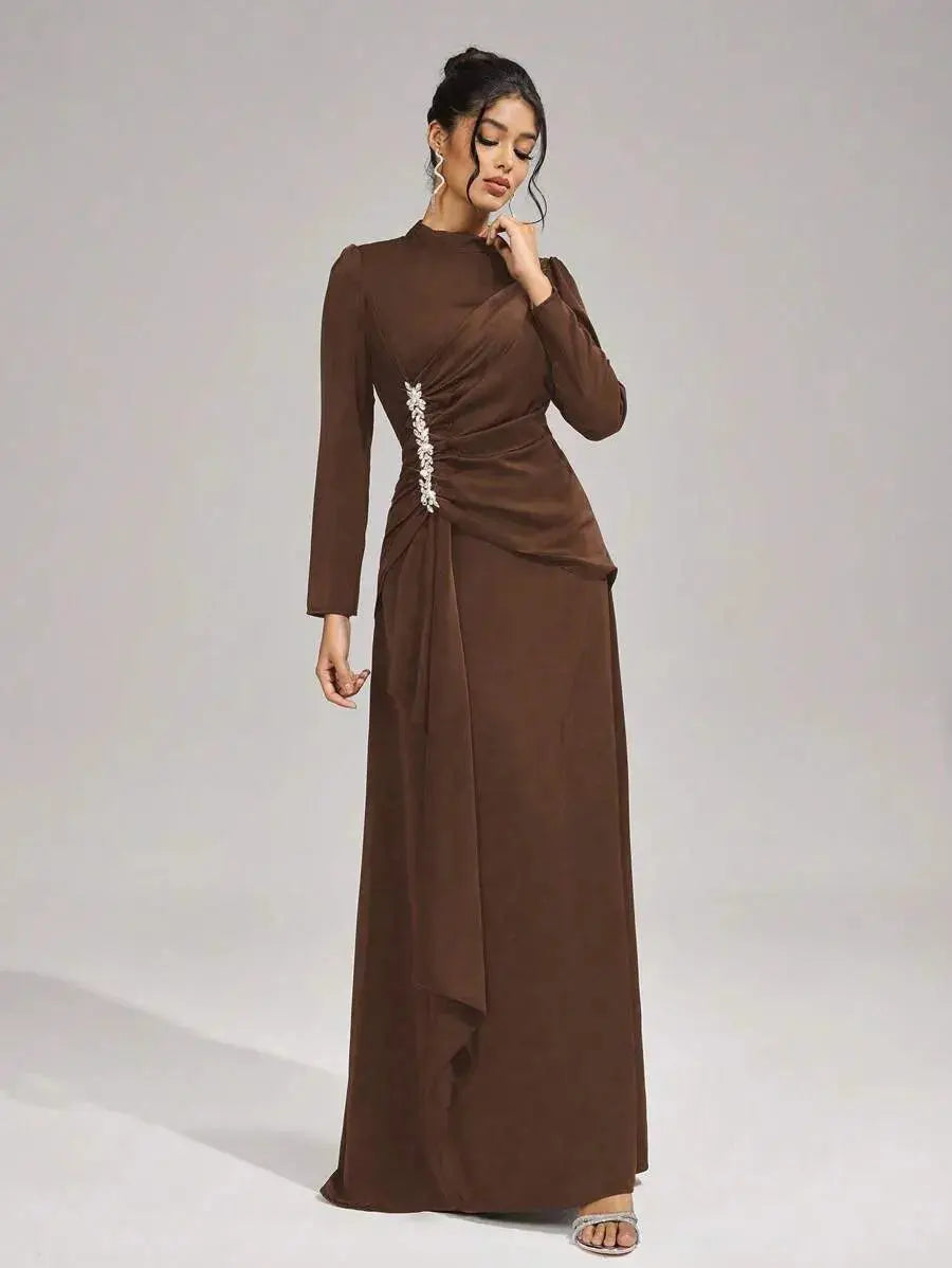 beulah Long sleeves with beading pleated maxi dress in brown Avalabel