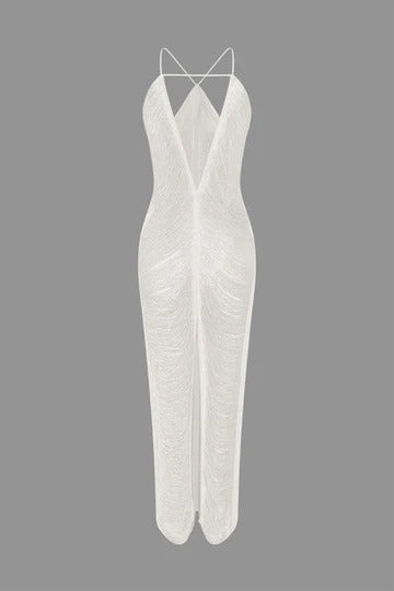 tassel rear slit halterneck dress Avalabel