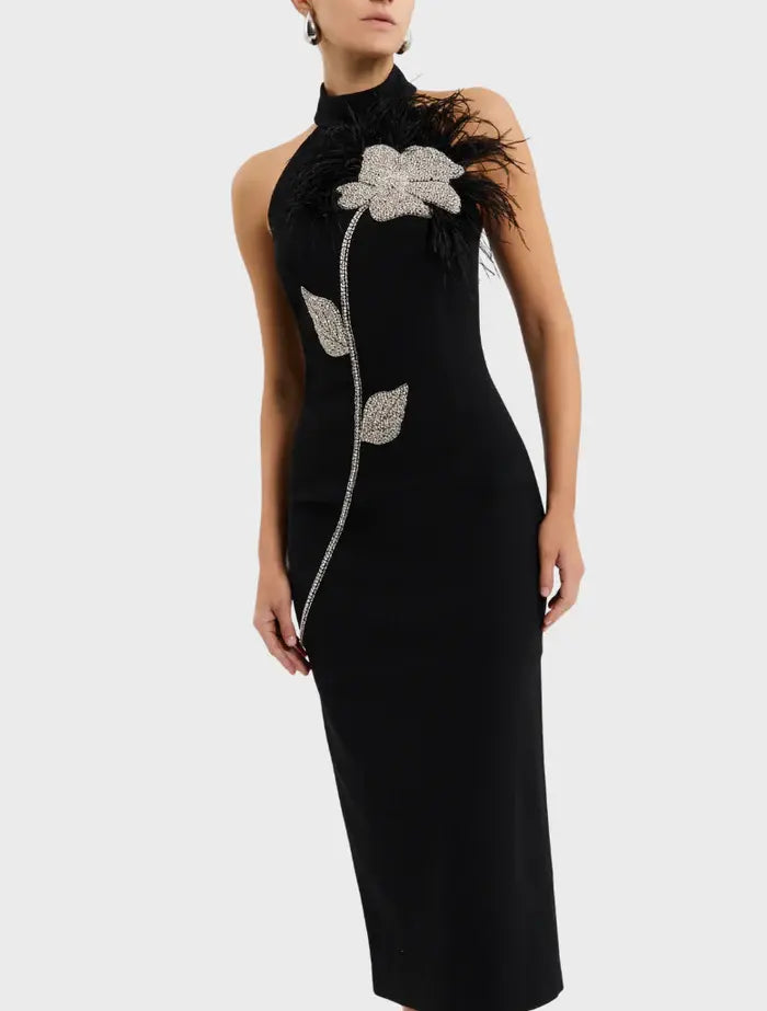 beatrice flower rhinestone feather halter Midi Dress in Black Avalabel