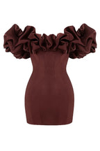 Burgundy Satin Ruffle Strapless Mini Dress Avalabel
