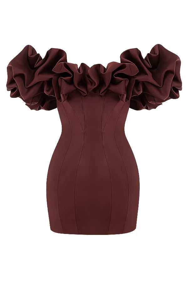 Burgundy Satin Ruffle Strapless Mini Dress Avalabel