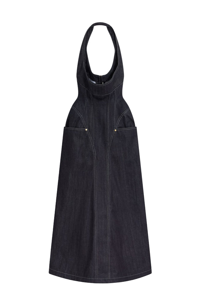Haltered Corseted Midi Dress Denim in Navy Blue Avalabel