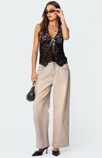 Backless Sheer Lace Halter Top in Black Avalabel