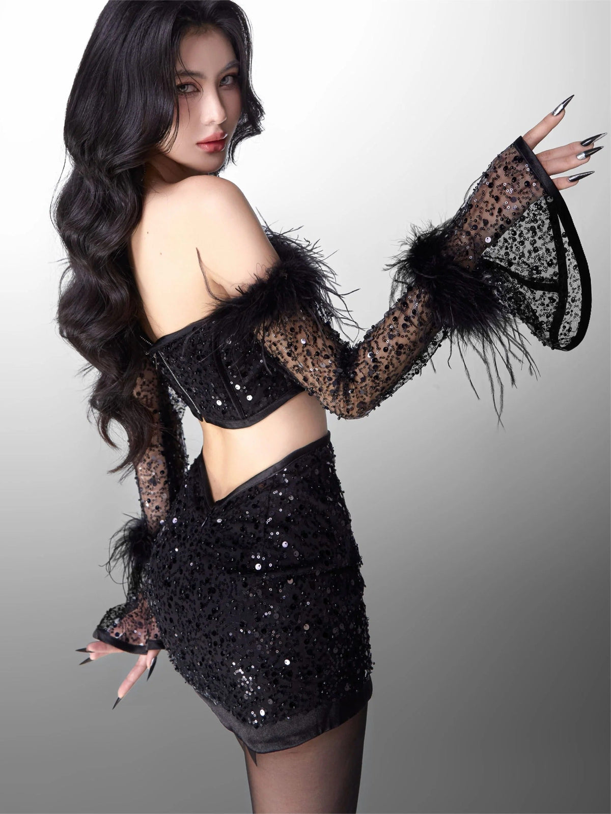 Black Off-Shoulder Top Short Mesh Skirt Set Avalabel