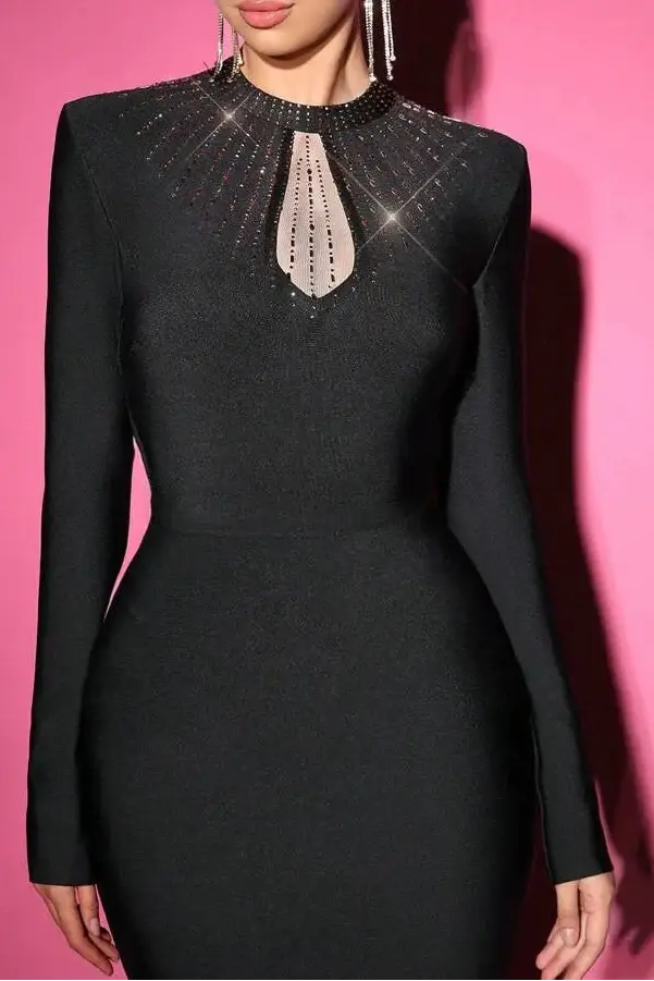 sara Black Mesh Rhinestones Embellished Bodycon Bandage maxi dress Avalabel